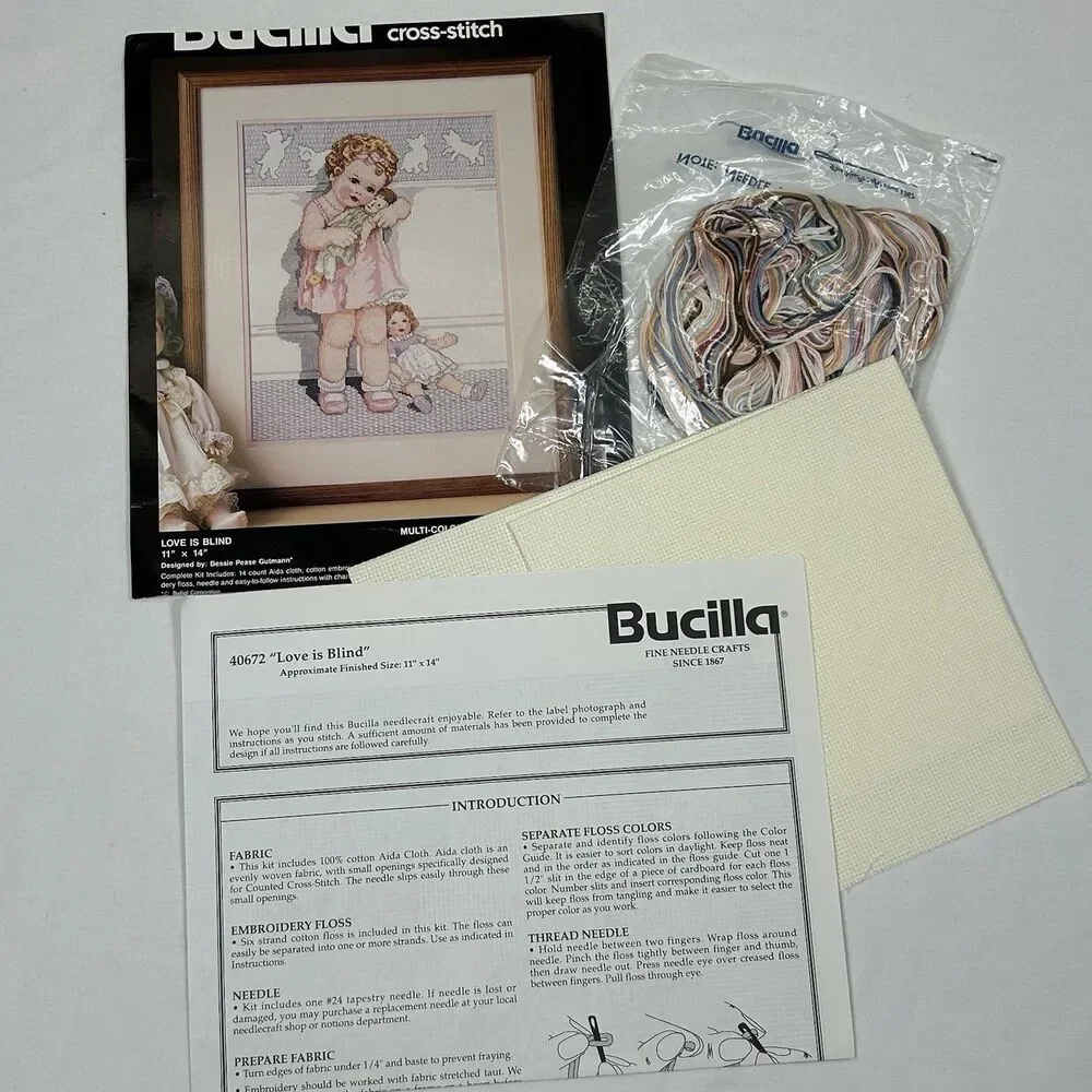 Bucilla 1992 Love is Blind Counted Cross Stitch Kit 40672 Baby Doll Cat Vintage